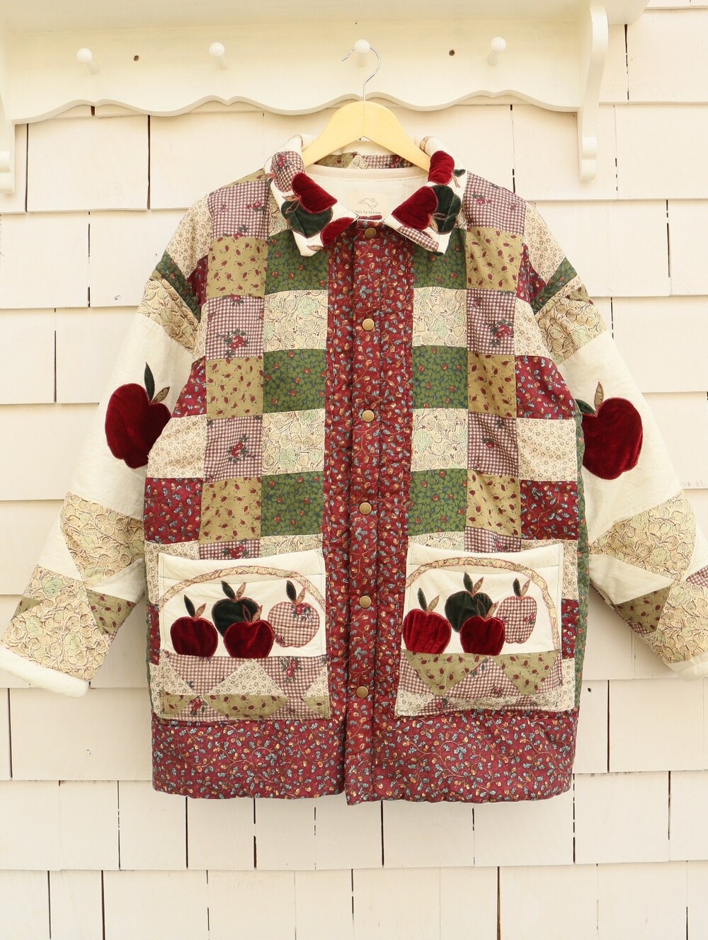 Upcycled Patchwork Quilt Jacket Chore Coat with Red Apple Appliqué L • XL